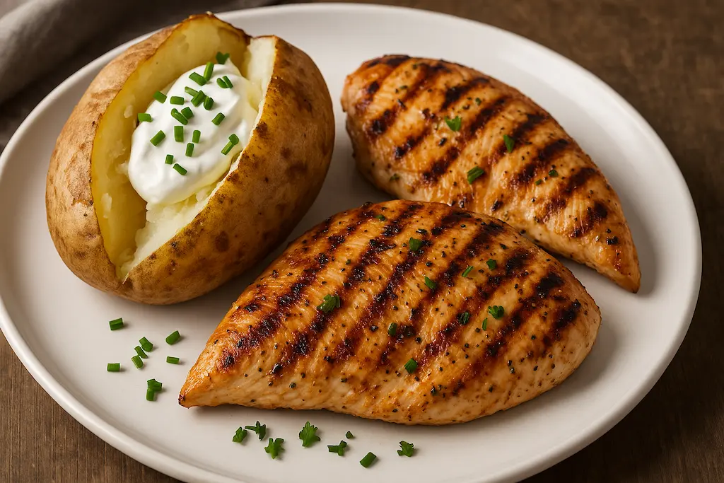 Un piatto con petto di pollo alla griglia e patata al cartoccio con panna acida e erba cipollina, esempio di pasto sano e saziante ricco di proteine e carboidrati complessi